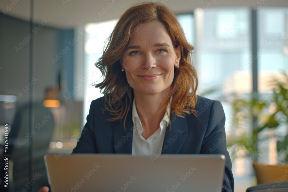 Woman smiling, working on laptop at office desk. Woman smiling, working on laptop at office desk.