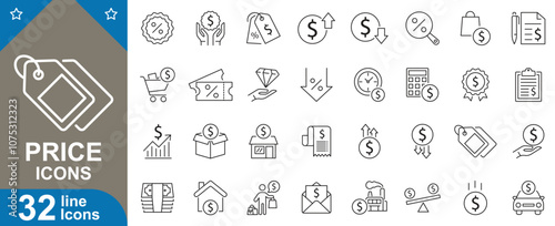 Price line icons set. Dollar, cost, discount, sale, payment, tag, affordability, value, pricing and more. vector illustration. photo