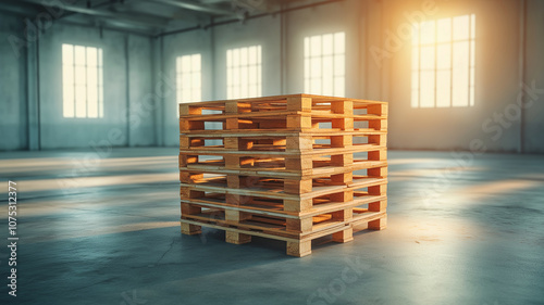 large stack of wooden pallets in industrial space, illuminated by sunlight