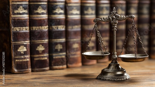 A vintage scales of justice in front of old law books, symbolizing fairness and legal principles. photo