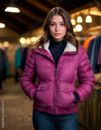 Young brunette trying on a winter jacket in a store