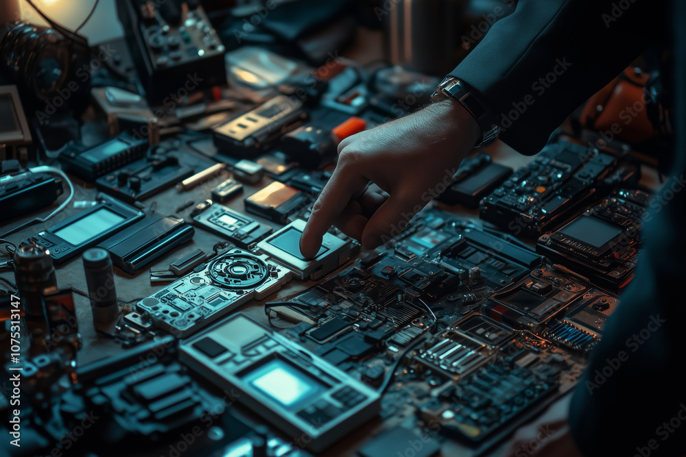 A counterintelligence agent examines electronic devices in a dimly lit workspace A counterintelligence agent examines electronic devices in a dimly lit workspace