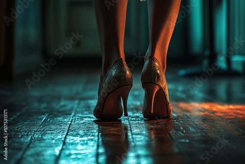 Captivating dancer's feet adorned in traditional footwear on a dimly lit stage photo