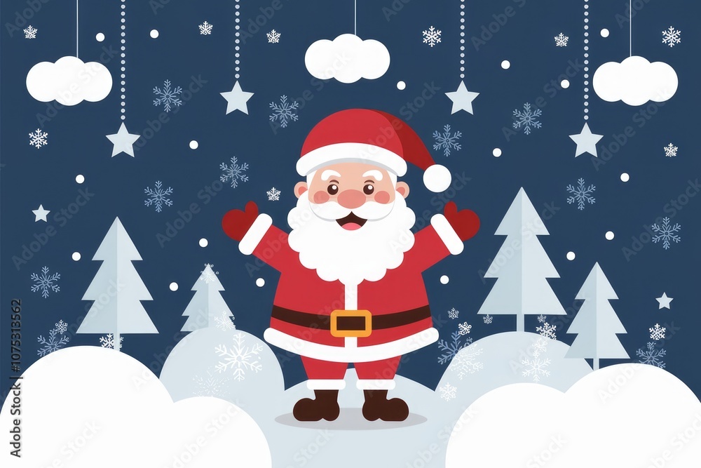 Santa Claus standing in a snowy landscape with Christmas trees and stars. Santa Claus standing in a snowy landscape with Christmas trees and stars.