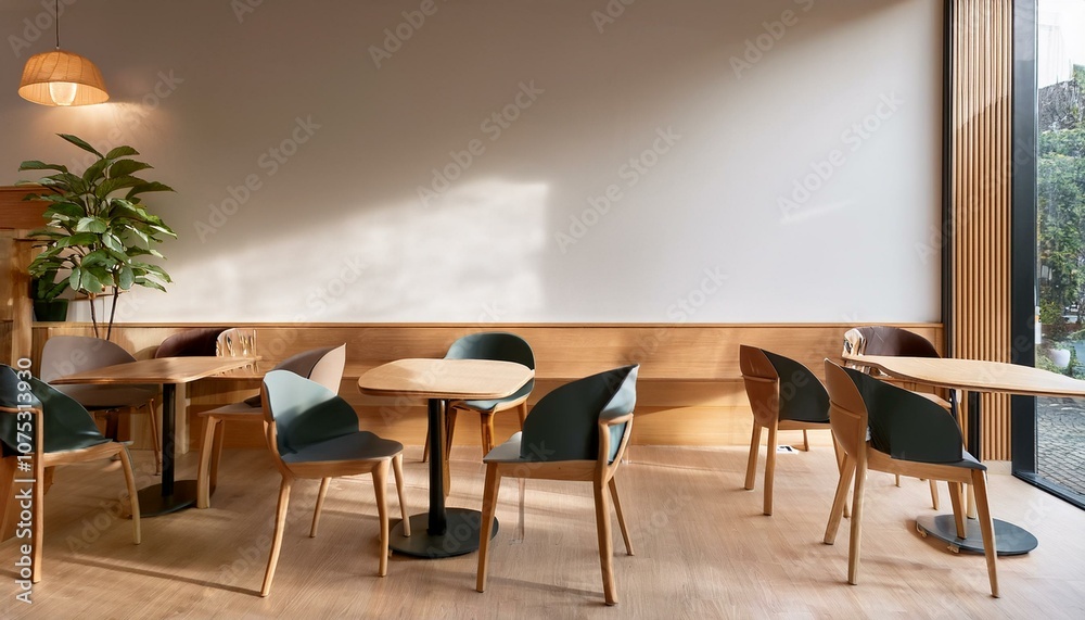 Minimalist cafe interior with table and chairs in focus. 3D Rendering Minimalist cafe interior with table and chairs in focus. 3D Rendering