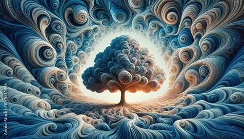 A single tree made of swirling, centered, surreal, abstract, dreamscape-style liquid spirals photo