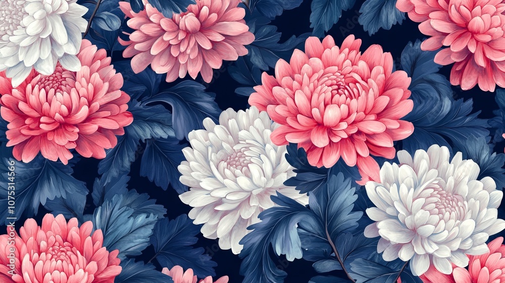 Seamless Pattern of Pink and White Chrysanthemums with Navy Blue Leaves. AI generated illustration Seamless Pattern of Pink and White Chrysanthemums with Navy Blue Leaves. AI generated illustration