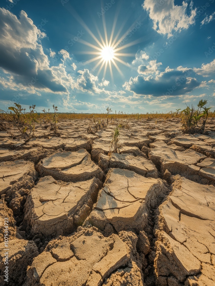 custom made wallpaper toronto digitalThe landscape shows cracked earth and withered plants bathed in bright sunlight, highlighting the effects of drought in a dry environment. Generative AI