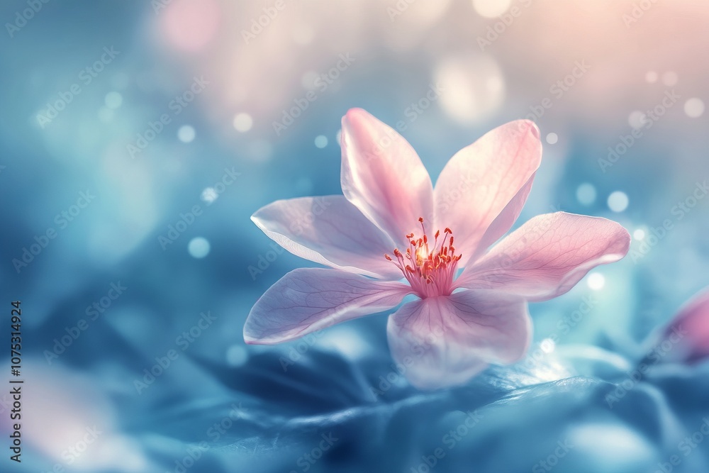 A Single Pink Flower Floating in a Dreamy Pastel Blue Background. AI generated illustration A Single Pink Flower Floating in a Dreamy Pastel Blue Background. AI generated illustration