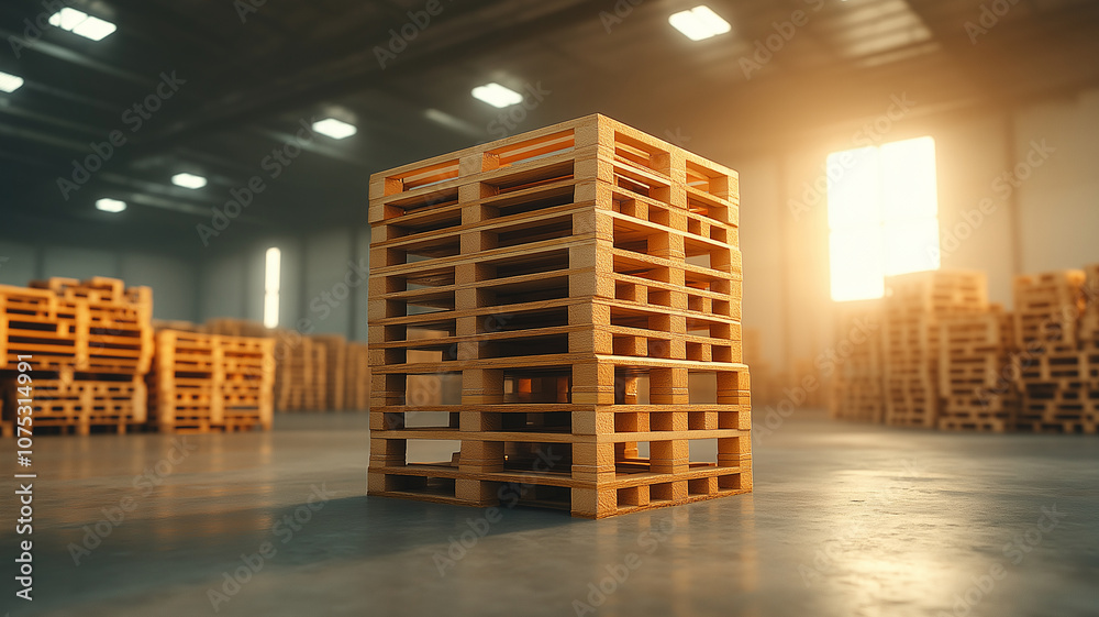 Wooden pallets stacked high in warehouse, creating warm and industrial atmosphere Wooden pallets stacked high in warehouse, creating warm and industrial atmosphere