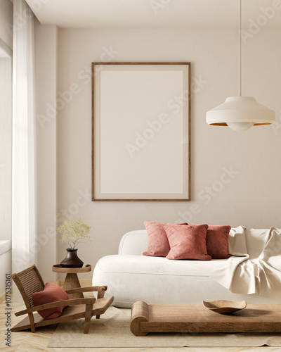 Japanese style interior design with wooden furnitures and raw materials. Mocuk up poster frame in  Japandi style interior. 3D illustration photo