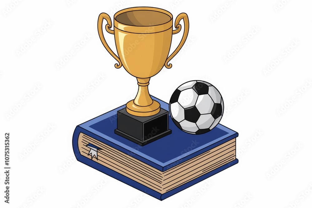 A golden trophy and a soccer ball on a blue book. A golden trophy and a soccer ball on a blue book.