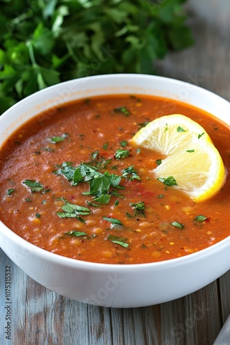 Delicious Lentil Soup Garnished with Fresh Lemon