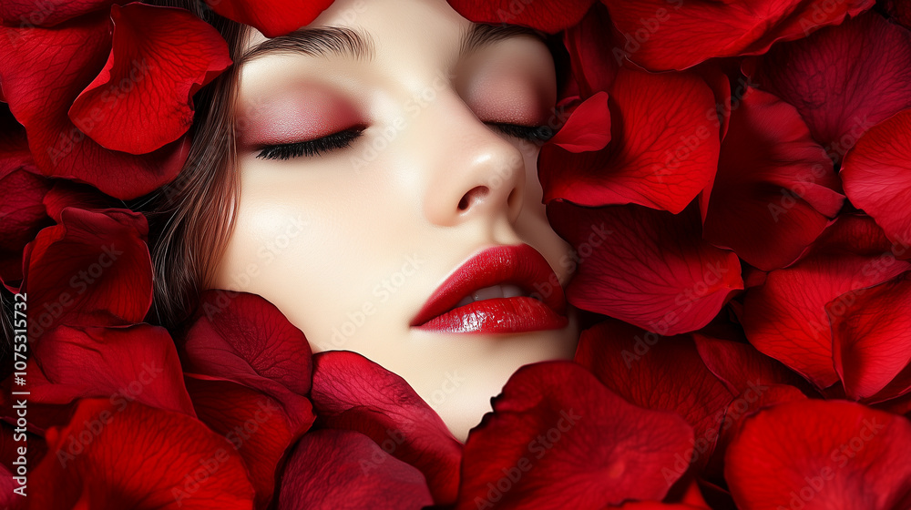 Close-up of a woman's face surrounded by red rose petals, symbolizing beauty and romance Close-up of a woman's face surrounded by red rose petals, symbolizing beauty and romance
