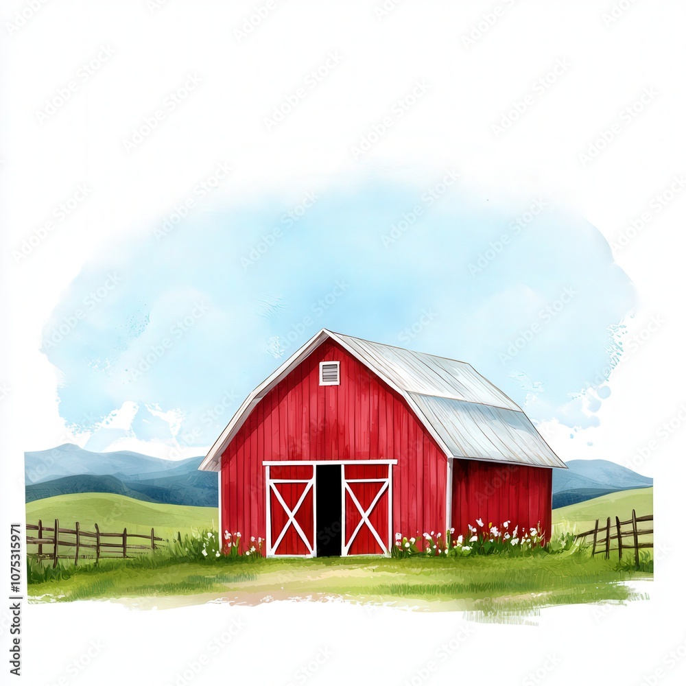 Obraz premium A vibrant red barn set against a backdrop of green fields and mountains, with a clear blue sky, capturing the essence of rustic rural life. watercolor, isolated on white background.