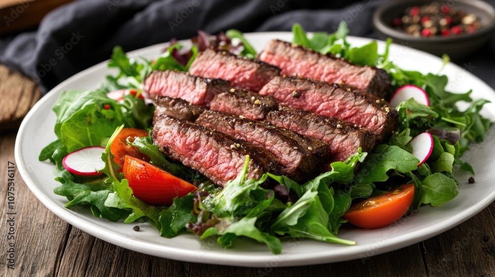 Roast Beef Salad with Fresh Greens Generous Portions of Tender Medium Rare Meat or Grilled Steak Served on a White Plate with Radish Tomato Spices and Leafy Greens Roast Beef Salad with Fresh Greens Generous Portions of Tender Medium Rare Meat or Grilled Steak Served on a White Plate with Radish Tomato Spices and Leafy Greens