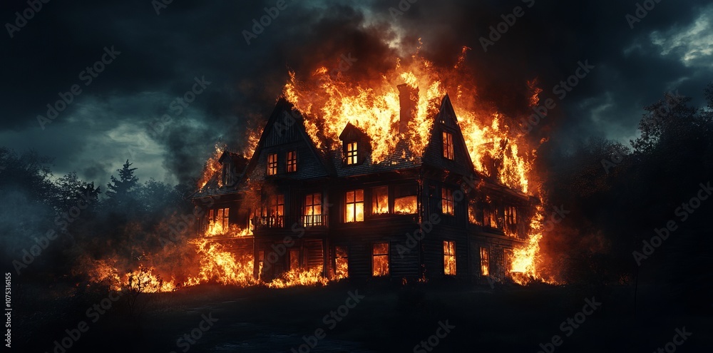 Haunting Flames Consume a Mysterious Old Mansion. AI generated illustration Haunting Flames Consume a Mysterious Old Mansion. AI generated illustration