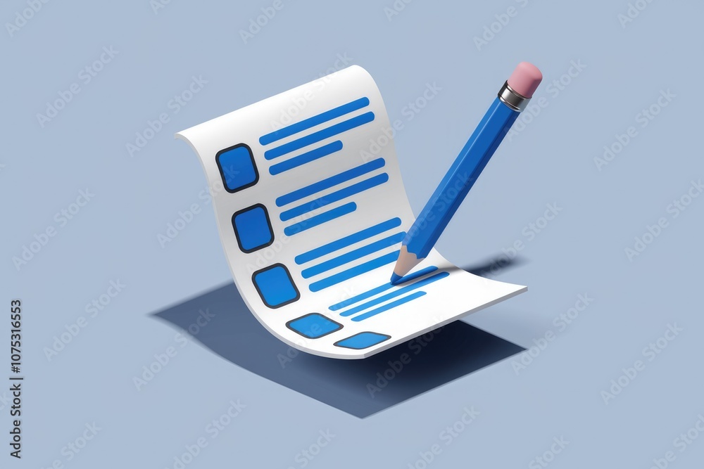 A blue pencil marks a checkbox on a white paper checklist. A blue pencil marks a checkbox on a white paper checklist.