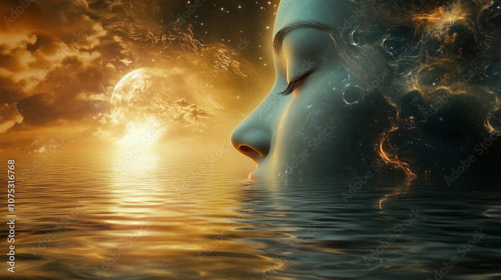 Fototapeta premium Woman's face in profile with ethereal fire and water elements blending into cosmic night. Abstract wallpaper, background