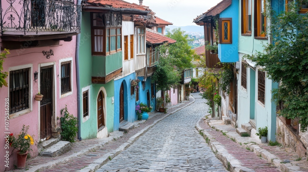 Fototapeta premium Charming Narrow Cobblestone Street with Colorful Houses