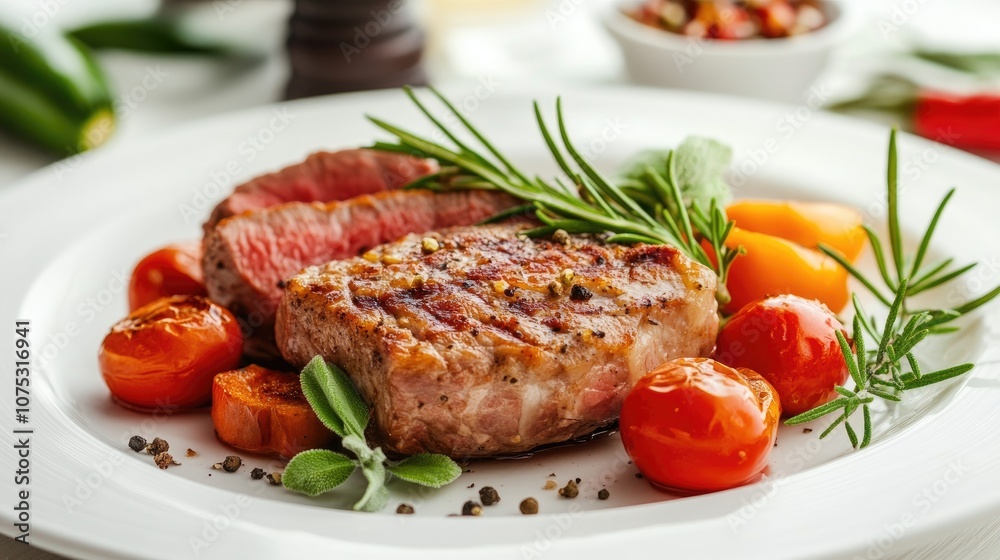 Plate of meat garnished with an assortment of fresh vegetables and aromatic herbs Plate of meat garnished with an assortment of fresh vegetables and aromatic herbs