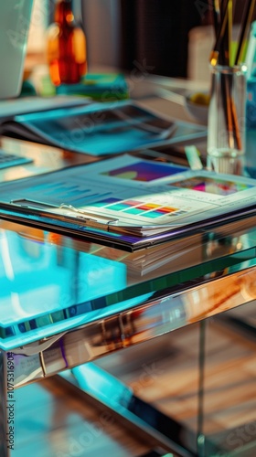 Wallpaper Mural Contemporary workspace, glass desk, chrome legs, vibrant financial reports, dynamic charts, professional environment, efficient organization Torontodigital.ca