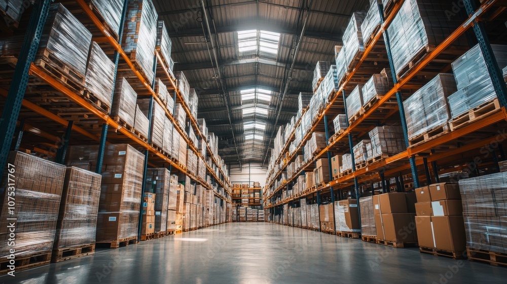 Industrial Warehouse with Rows of Cardboard Boxes on Pallets Industrial Warehouse with Rows of Cardboard Boxes on Pallets