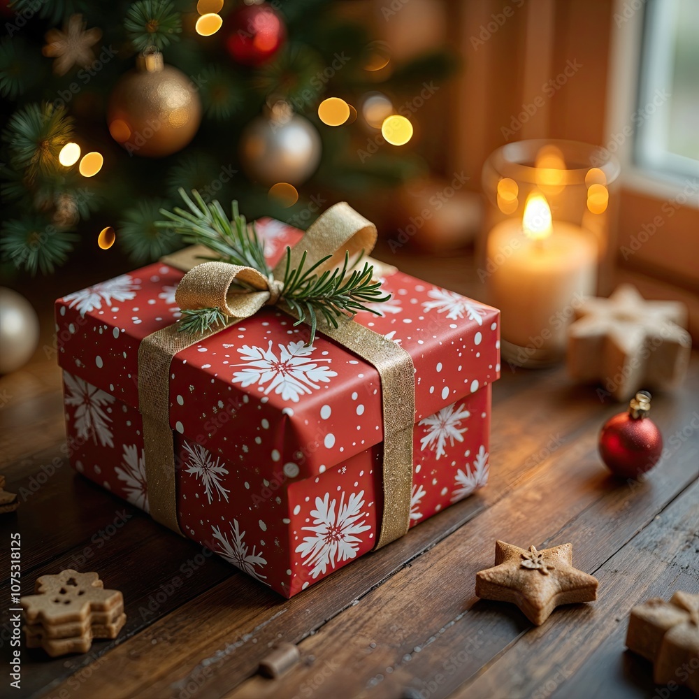 Gift in red packaging on a Christmas background. Gift in red packaging on a Christmas background.