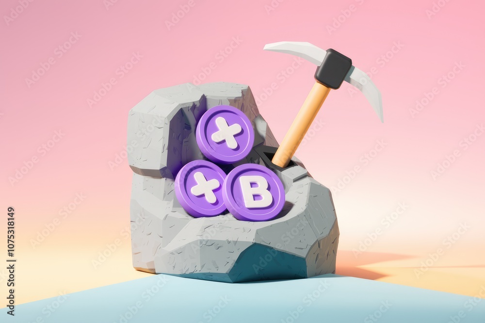 A pickaxe mining purple coins with a B and a + from a grey rock A pickaxe mining purple coins with a B and a + from a grey rock