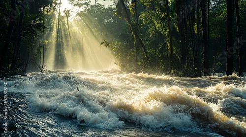 Sunbeams Illuminating Foamy Rapids in a Lush Rainforest