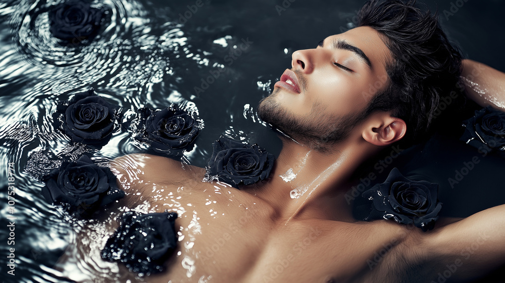 Fototapeta premium Relaxed man floating in dark water surrounded by black roses