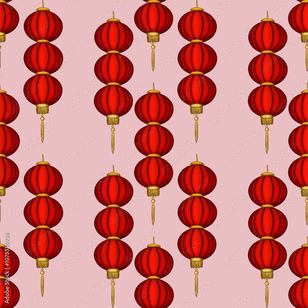 Big Red Round Lanterns on Pink Background Seamless Pattern Design Big Red Round Lanterns on Pink Background Seamless Pattern Design