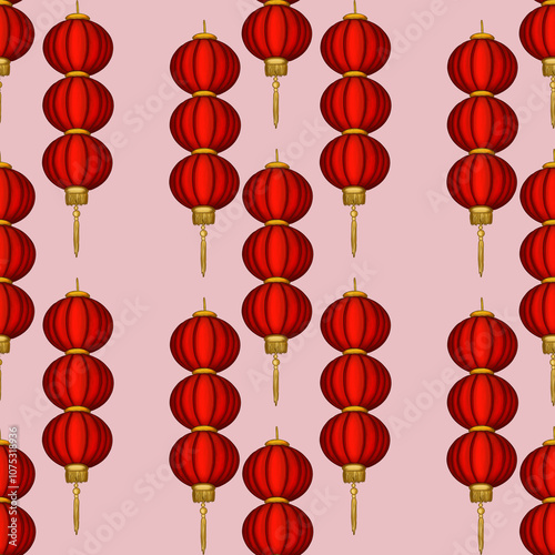 Big Red Round Lanterns on Pink Background Seamless Pattern Design