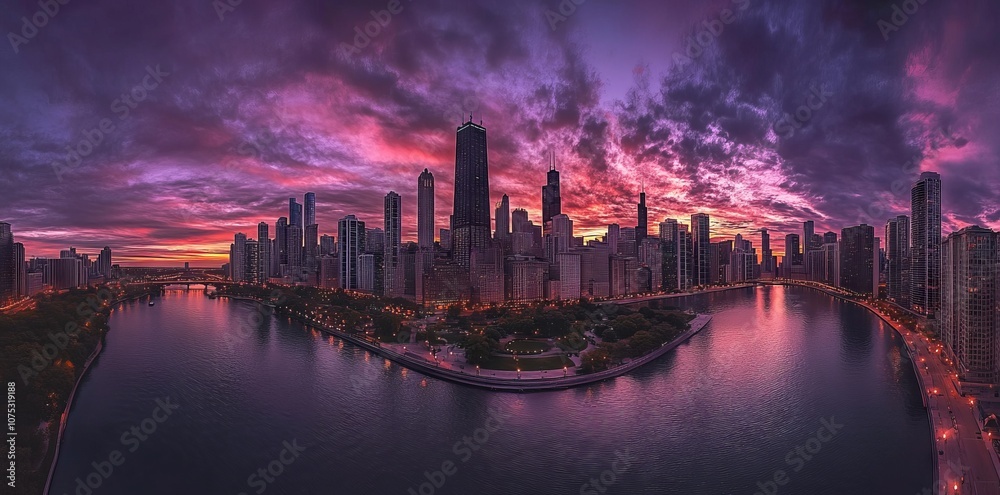 Aerial Photograph of Chicago Skyline at Sunset. AI generated illustration Aerial Photograph of Chicago Skyline at Sunset. AI generated illustration