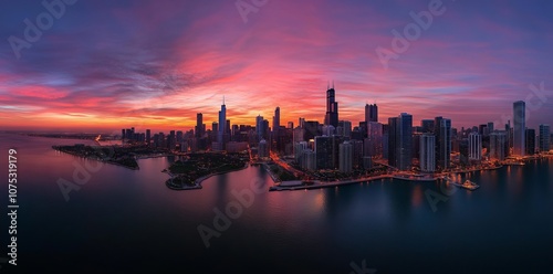 Aerial Photograph of Chicago Skyline at Sunset. AI generated illustration