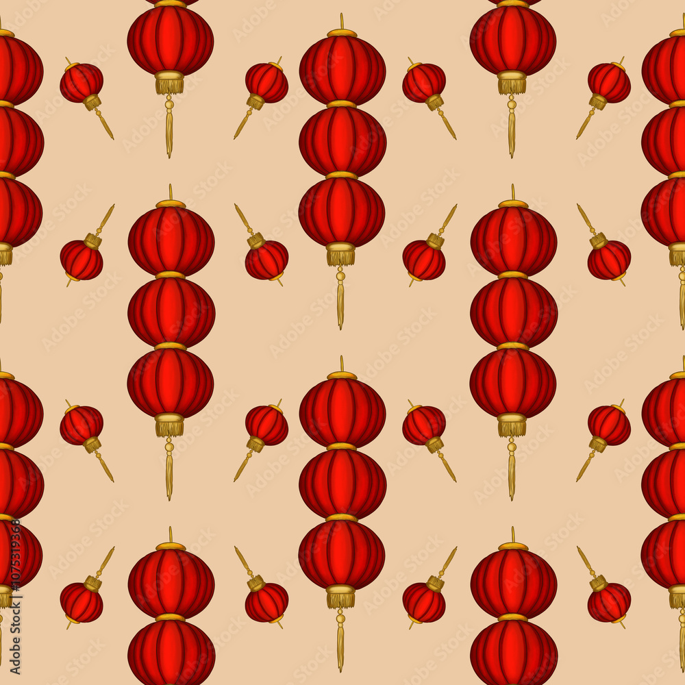 Big Red Round Three Lanterns and Small Round Lanterns on Beige Background Seamless Pattern Design Big Red Round Three Lanterns and Small Round Lanterns on Beige Background Seamless Pattern Design