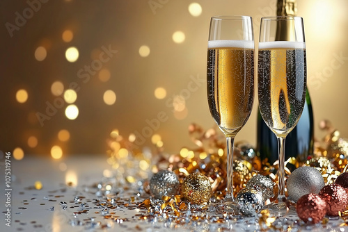 verre champagne, bouteille, bulles, trinquer, nouvel an, bonne année, 2025, fête, réveillon, résolutions, vœux, champagne, repas, décompte, tradition, famille, amis photo