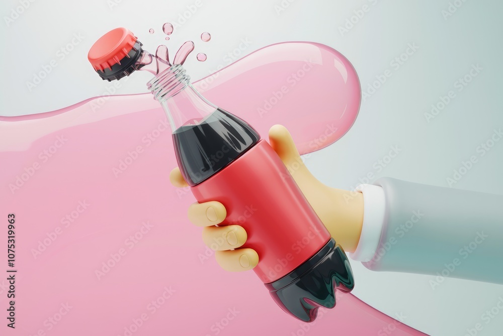 Naklejka premium A hand holds a red soda bottle with a pink liquid splash behind it.