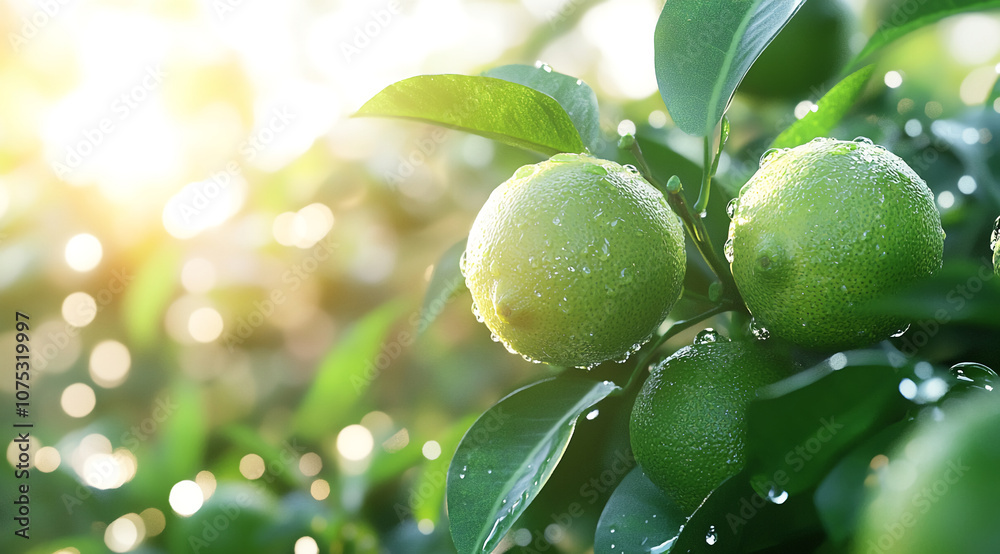 A close-up of limes growing on a tree, with water droplets on the leaves and fruit. The bright sun shines through the branches A close-up of limes growing on a tree, with water droplets on the leaves and fruit. The bright sun shines through the branches