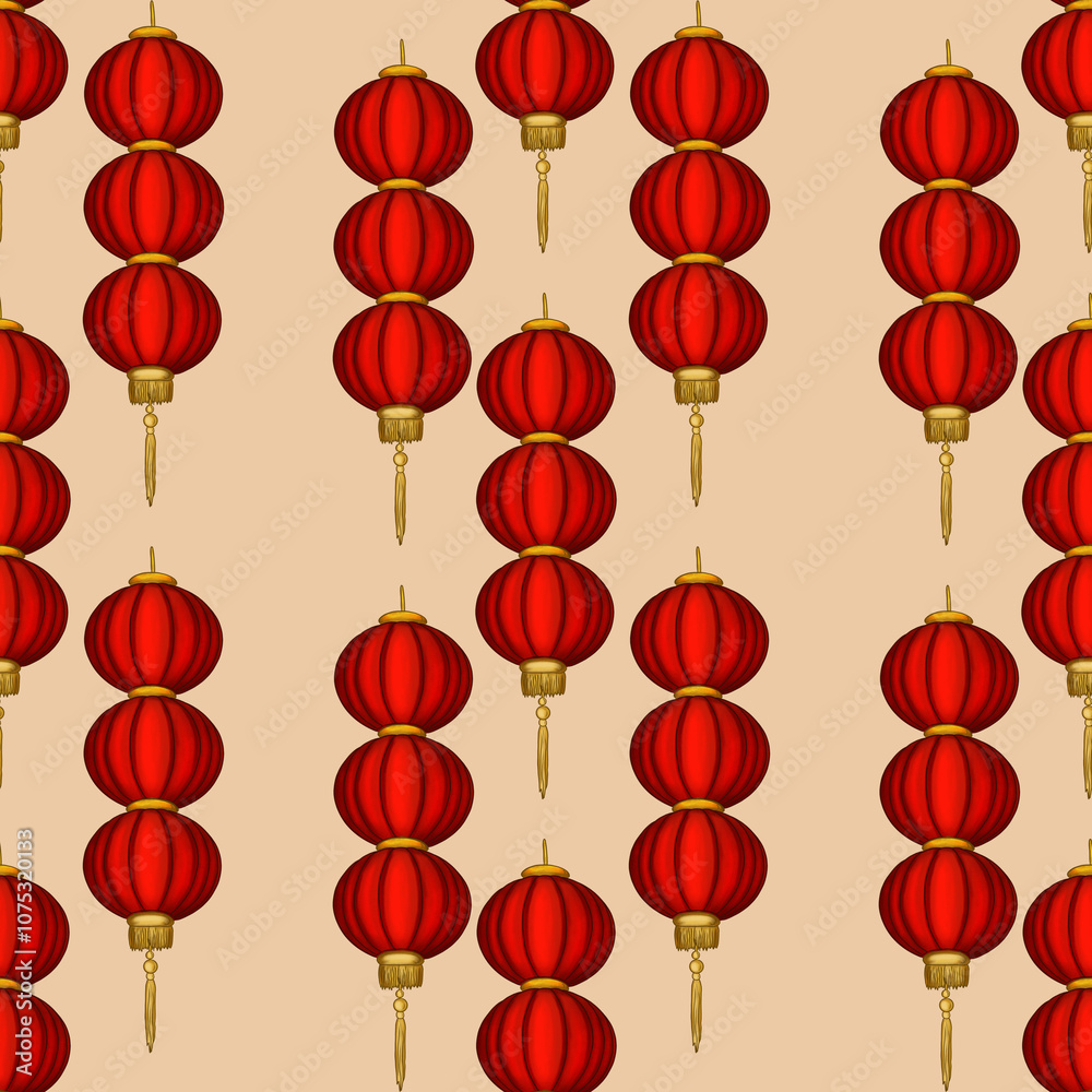 Big Red Round Lanterns on Beige Background Seamless Pattern Design Big Red Round Lanterns on Beige Background Seamless Pattern Design