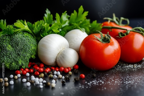 A gentle watercolor of fresh ingredients on a countertop, with herbs, vegetables, and soft, blended colors photo