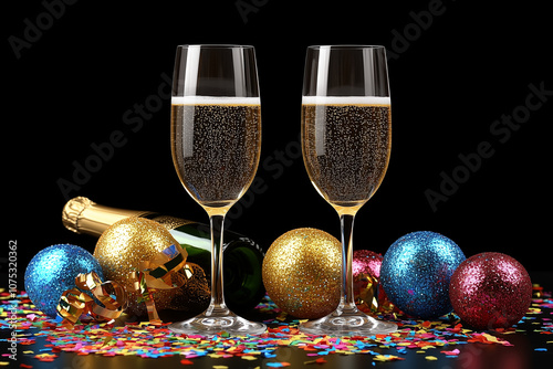 verre champagne, bouteille, bulles, trinquer, nouvel an, bonne année, 2025, fête, réveillon, résolutions, vœux, champagne, repas, décompte, tradition, famille, amis photo