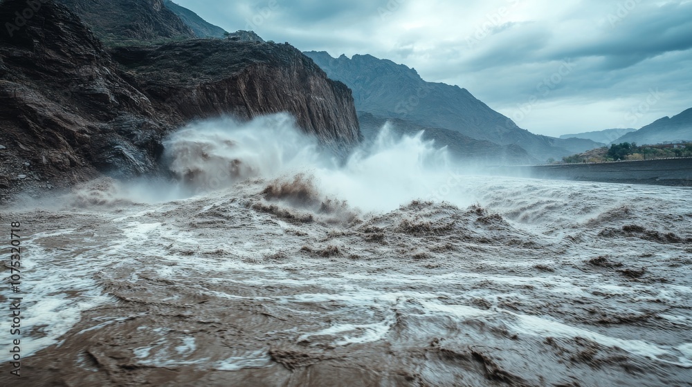 Fototapeta premium A Turbulent River Flows Through a Rocky Canyon