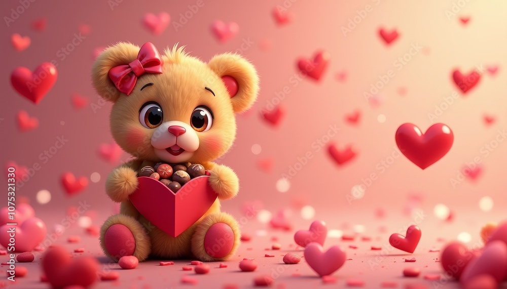 Cute Valentine's teddy bear with box of chocolates, playful heart-themed background, joyful decoration, love atmosphere Cute Valentine's teddy bear with box of chocolates, playful heart-themed background, joyful decoration, love atmosphere