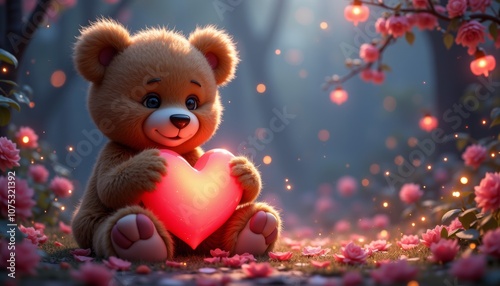 Adorable Valentine's teddy bear holding glowing heart, romantic garden setting, floral decoration, enchanting atmosphere