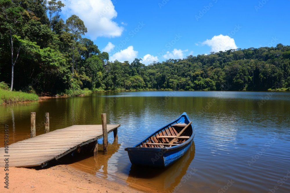 A jungle river with a wooden canoe floating, surrounded by dense, towering trees A jungle river with a wooden canoe floating, surrounded by dense, towering trees