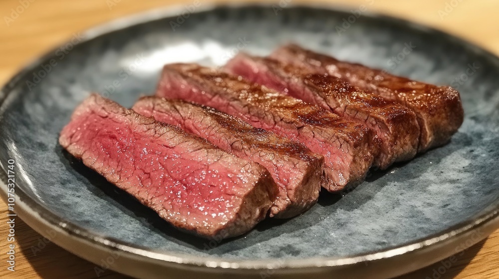 Japanese style spicy medium rare meat served on a plate Japanese style spicy medium rare meat served on a plate