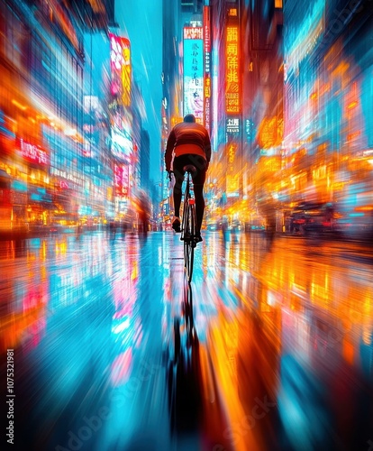 Dynamic Night Cycling Through a Vibrant Cityscape: A Journey in Neon and Reflections photo