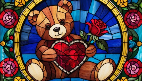 Stained glass teddy bear holding heart and rose, artistic decoration, Valentine's theme, colorful background
