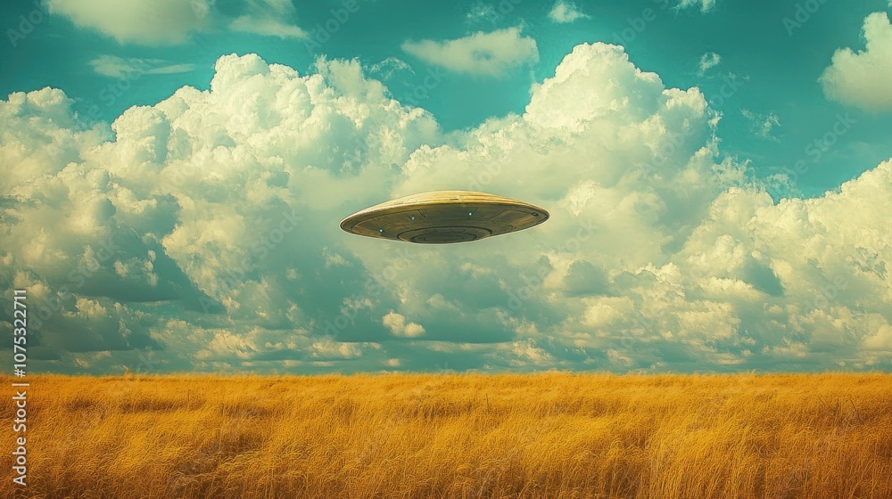 Fototapeta premium An unidentified flying object resembling an alien saucer remains motionless in the sky above a field set against a backdrop of clouds Mixed media representation of extraterrestrial themes